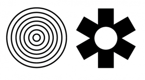Image of concentric circles next to geometric star/flower shapeshape