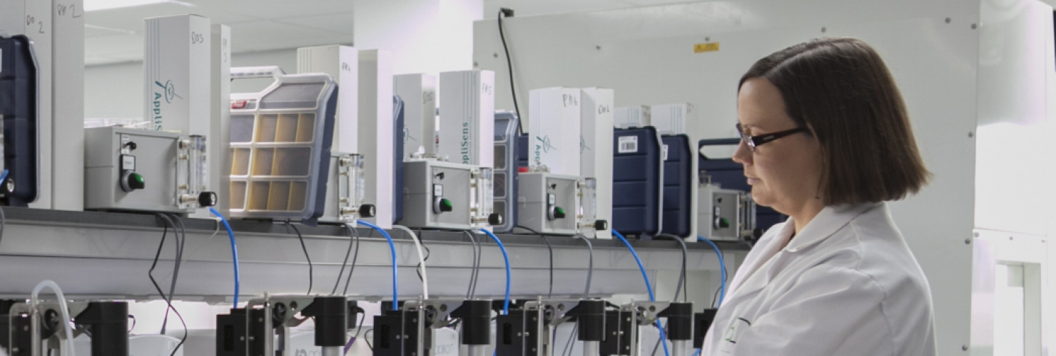 Image of scientists Rosie Nolan and Alex Jukes in a laboratory at the Biorenewables Development Centre