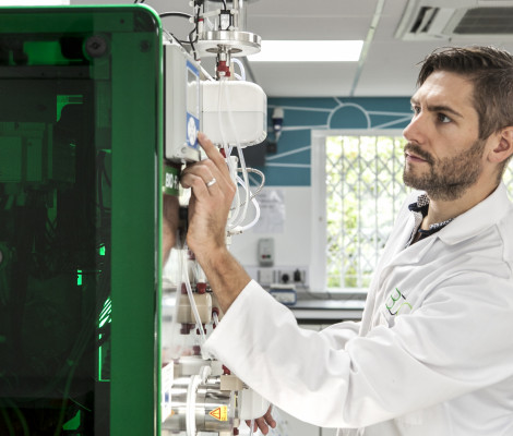 Scientist, Joe Bennett, working in a laboratory at the Biorenewables Development Centre