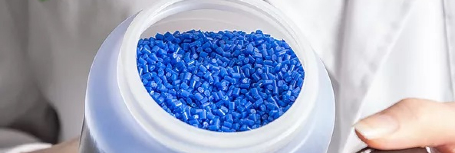 An image of a jar of blue of plastic pellets